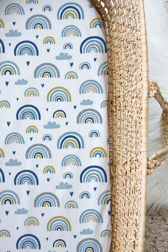 Dra-på-lakan till vagn/vagga, Happy blue rainbow