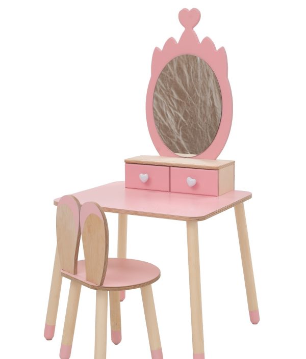 Sminkbord krona med kaninstol, rosa/natur